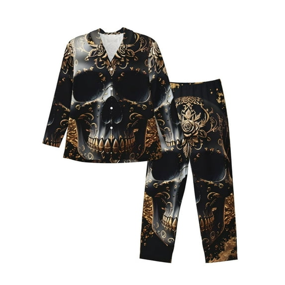 Haiem Gold Pattern Black Skull Pattern Men’s Long-sleeve Sleepwear,Sleepwear Set,2-piece Loungewear Set,Soft PJs Comfy Nightwear with Pockets-XX-Large