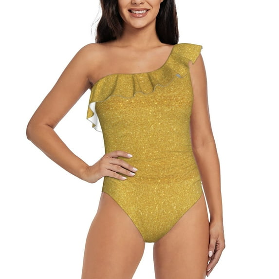 Haiem Gold Shiny Women's One Piece Swimsuits Tummy Control One Shoulder Bathing Suits Ruffle Swimwear-Medium