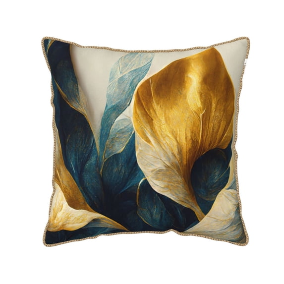 Haiem Golden Blue Leaf Design Print Velvet Soft Solid Decorative Square Throw Pillow Covers Set with Elegant Piping Christmas Cushion Case for Sofa Bedroom Car-16"x16"