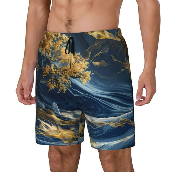 Haiem Golden Fantasy Landscape Mens Swim Trunks with Compression Liner 2 in 1 Swimming Shorts Stretch Swimwear Quick Dry,Board Shorts-Small