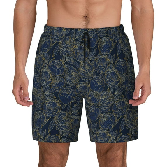 Haiem Golden Peonies Mens Swim Trunks with Compression Liner 2 in 1 Swimming Shorts Stretch Swimwear Quick Dry,Board Shorts-X-Large