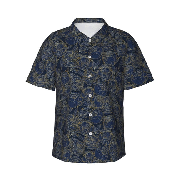 Haiem Golden Peonies Printed Hawaiian Shirt for Men - Men’s Casual Beach Summer Shirts - Stretch Fabric with Modern Fit-Large