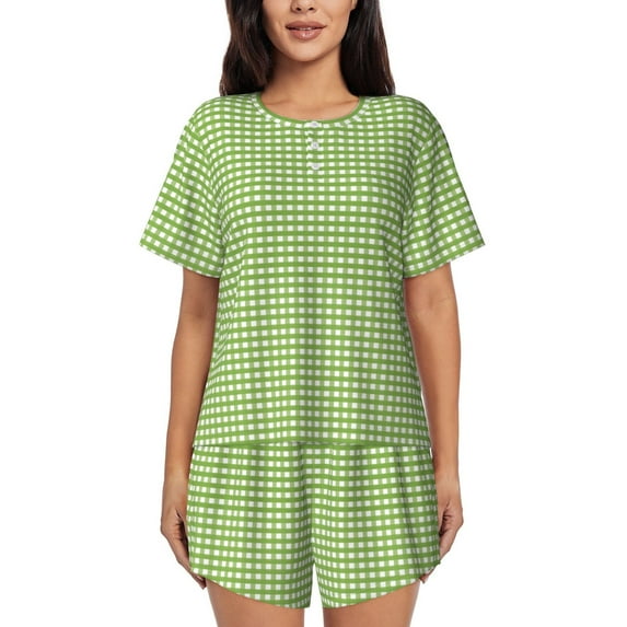Haiem Green Gingham Pattern Pajama Set for Women 2 Piece Lounge Set Short Sleeve Tops and Shorts Soft Sleepwear-Large