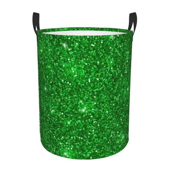 Haiem Green Glitter Leather Dirty Clothes Laundry Basket,Sturdy & Waterproof,Collapsible Round Design For Efficient Space Management,Multi-Purpose Storage Basket