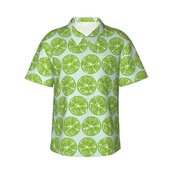 Haiem Green Lemon Slices Printed Hawaiian Shirt for Men - Men’s Casual Beach Summer Shirts - Stretch Fabric with Modern Fit-Medium