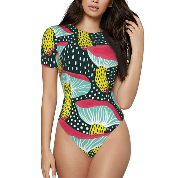 Haiem Green Mushroom Women's Crew Neck Short Sleeve Bodysuit Tops Stretchy Slim Basic-Small