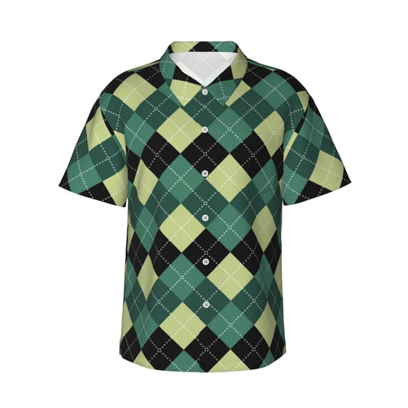 Haiem Green Squares Printed Hawaiian Shirt for Men - Men’s Casual Beach Summer Shirts - Stretch Fabric with Modern Fit-Small