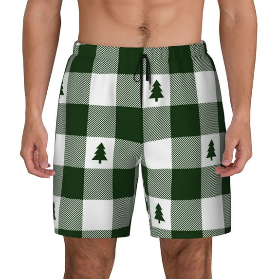 Haiem Green White Lumberjack Plaid Mens Swim Trunks with Compression Liner 2 in 1 Swimming Shorts Stretch Swimwear Quick Dry,Board Shorts-Small