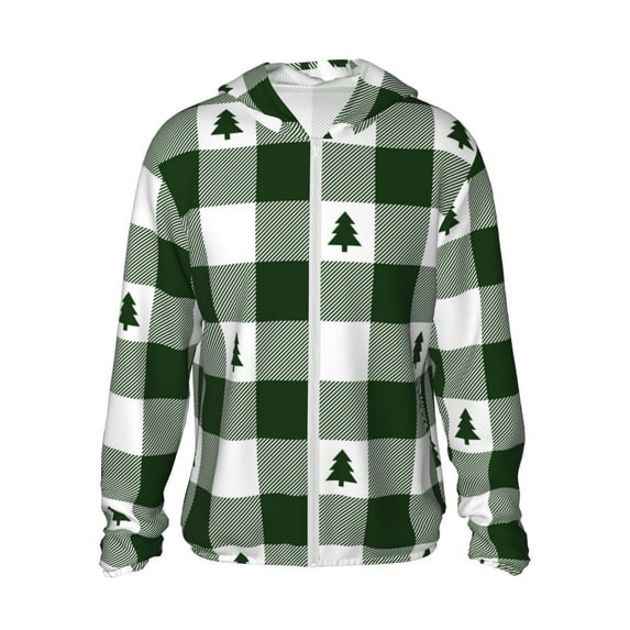Haiem Green White Lumberjack Plaid UPF 50+ Fishing Shirts for Men Long Sleeve UV Sun Protection Hoodie Non-Mask Outdoor Hiking Shirts