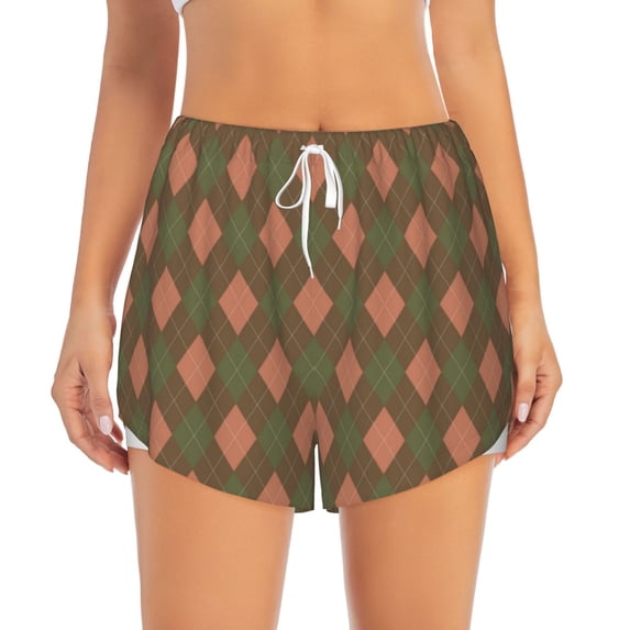 Haiem Green and Squares Women's 2 in 1 Running Shorts - Lightweight Athletic Workout Gym Yoga Breathable Sports Shorts Liner with Phone Pockets-Large