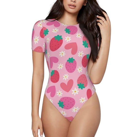 Haiem Haear Strawberry Women's Crew Neck Short Sleeve Bodysuit Tops Stretchy Slim Basic-XX-Large