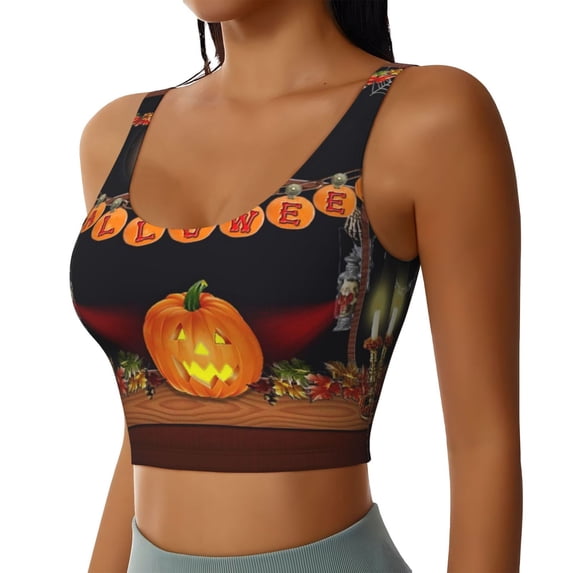 Haiem Halloween Decoration Pattern Womens Sports Bra - U Neck Padded Low Impact Yoga Bra Workout Crop Top Gym Moisture-Wicking Workout Vest -