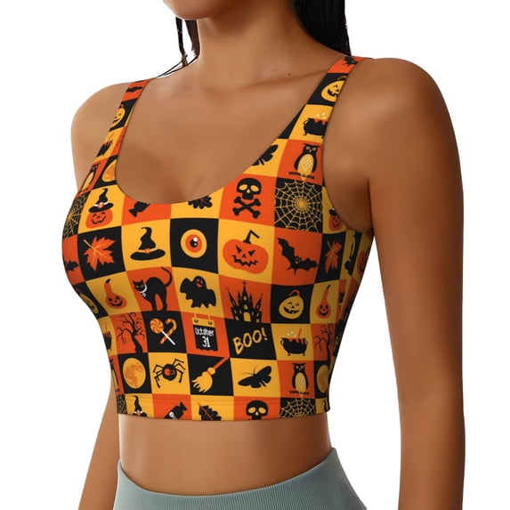 Haiem Halloween Pattern Womens Sports Bra - U Neck Padded Low Impact Yoga Bra Workout Crop Top Gym Moisture-Wicking Workout Vest -