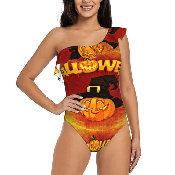 Haiem Halloween Pumpkin Women's One Piece Swimsuits Tummy Control One Shoulder Bathing Suits Ruffle Swimwear-Medium