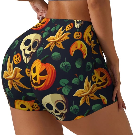 Haiem Halloween Skull No Front Seam Biker Shorts for Women Yoga Workout Gym Bike Shorts with Tummy Control Moisture-Wicking-X-Large