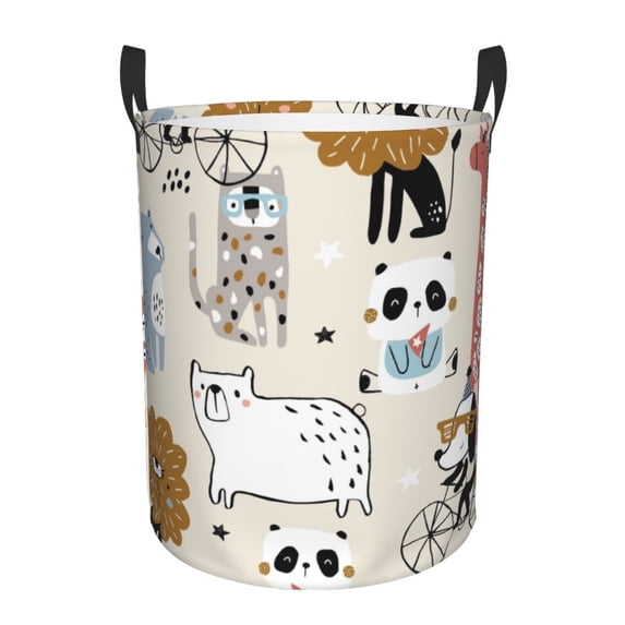 Haiem Hand Drawn Animals Leather Dirty Clothes Laundry Basket,Sturdy & Waterproof,Collapsible Round Design For Efficient Space Management,Multi-Purpose Storage Basket