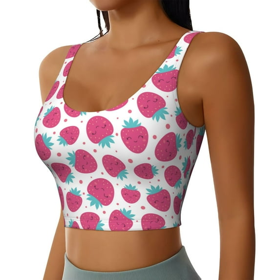 Haiem Hand Drawn Strawberry Pattern Womens Sports Bra - U Neck Padded Low Impact Yoga Bra Workout Crop Top Gym Moisture-Wicking Workout Vest -X-Large