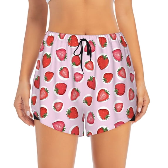 Haiem Hand Drawn Strawberry Women's 2 in 1 Running Shorts - Lightweight Athletic Workout Gym Yoga Breathable Sports Shorts Liner with Phone Pockets-