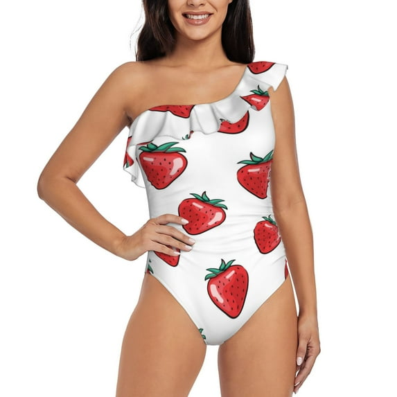 Haiem Hand Drawn Strawberry Women's One Piece Swimsuits Tummy Control One Shoulder Bathing Suits Ruffle Swimwear-Large