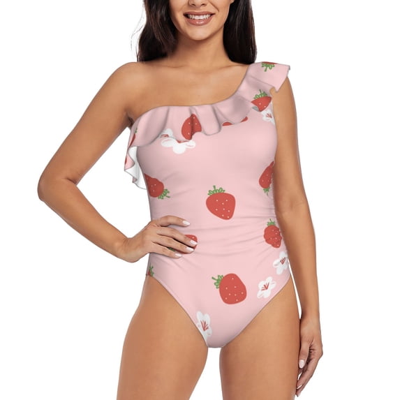 Haiem Hand Drawn Strawberry Women's One Piece Swimsuits Tummy Control One Shoulder Bathing Suits Ruffle Swimwear-XX-Large