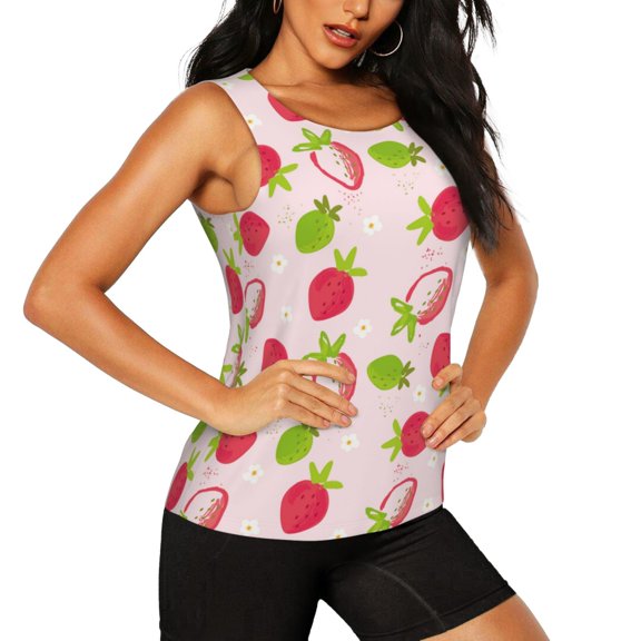 Haiem Hand Drawn Strawberry Workout Tank Tops for Women, Athletic Sports Slim-Fit Tank Tops, Compression Sleeveless Dry Fit Shirts,Athletic Shirt-Large