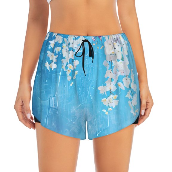 Haiem Hanging Orchids Floral Blue Women's 2 in 1 Running Shorts - Lightweight Athletic Workout Gym Yoga Breathable Sports Shorts Liner with Phone Pockets-Small