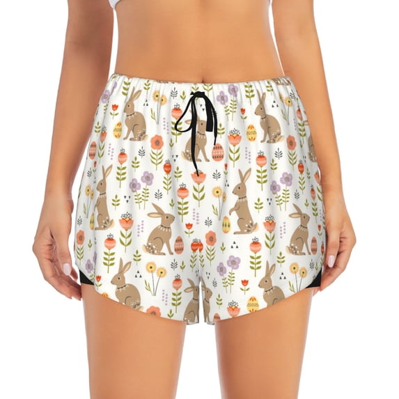 Haiem Happy Easter Women's 2 in 1 Running Shorts - Lightweight Athletic Workout Gym Yoga Breathable Sports Shorts Liner with Phone Pockets-Medium
