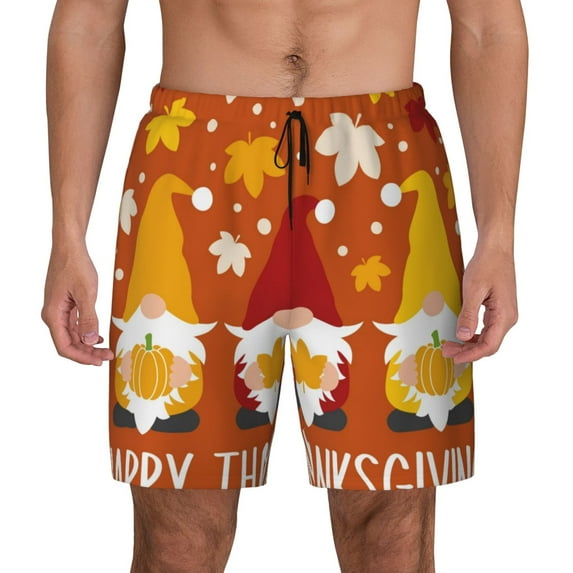 Haiem Happy Thanksgiving Three Gnomes Mens Swim Trunks with Compression Liner 2 in 1 Swimming Shorts Stretch Swimwear Quick Dry,Board Shorts-XX-Large