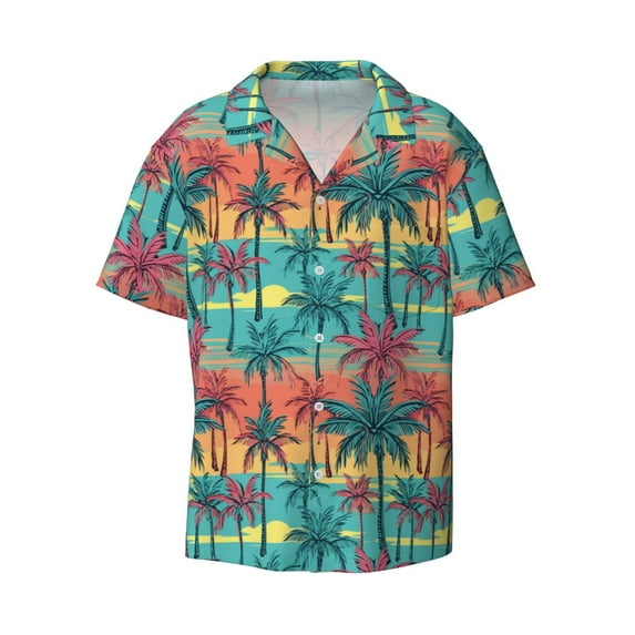 Haiem Hawaii Palms Men's Casual Shirts Short Sleeve Button Down Shirts Fashion Textured Summer Beach Shirt-Large