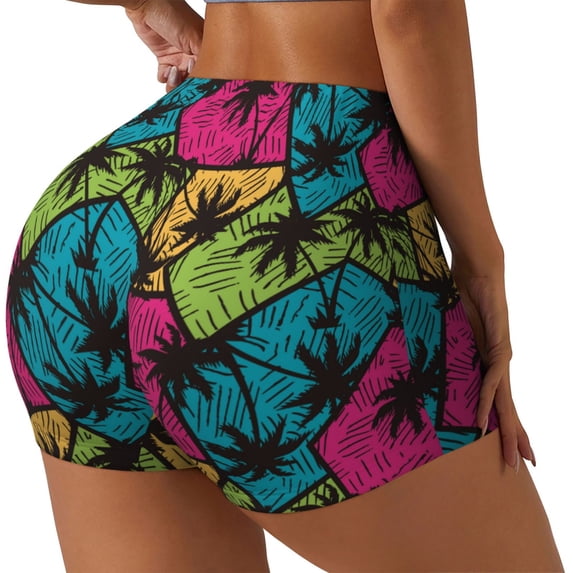 Haiem Hawaii Palms No Front Seam Biker Shorts for Women Yoga Workout Gym Bike Shorts with Tummy Control Moisture-Wicking-Medium