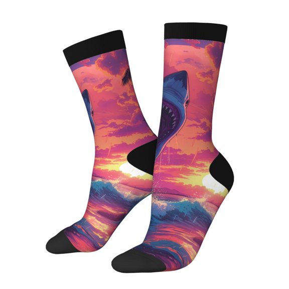 Haiem Hawaiian Island Beach Shark Pattern Crew Socks – Soft & Durable Moisture-wicking Socks, Stay-Up Fit for Business, Work, and Casual Wear Size 5-11