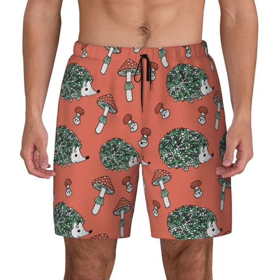 Haiem Hedgehog Mushroom Mens Swim Trunks with Compression Liner 2 in 1 Swimming Shorts Stretch Swimwear Quick Dry,Board Shorts-Medium
