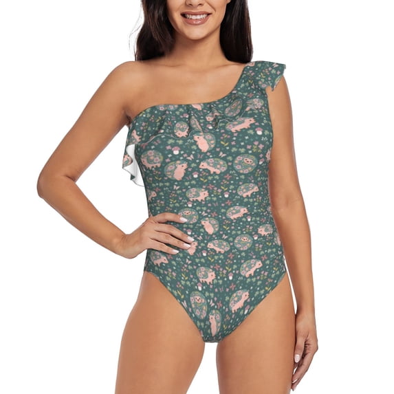 Haiem Hedgehogs and Flowers Women's One Piece Swimsuits Tummy Control One Shoulder Bathing Suits Ruffle Swimwear-X-Large
