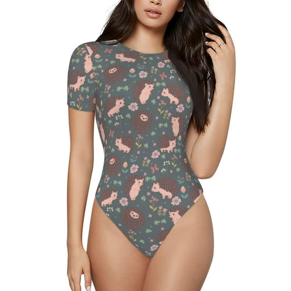 Haiem Hedgehogs and Flowers1 Women's Crew Neck Short Sleeve Bodysuit Tops Stretchy Slim Basic-Large