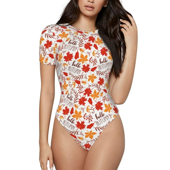 Haiem Hello Autumn Maple Leaf Women's Crew Neck Short Sleeve Bodysuit Tops Stretchy Slim Basic-X-Large