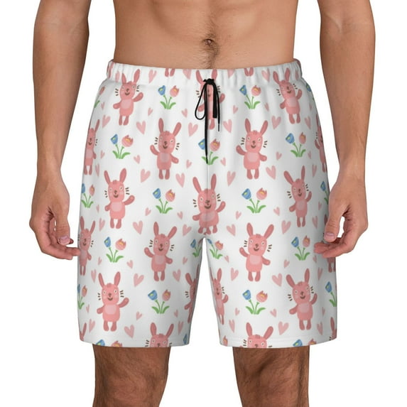 Haiem Hello Rabbit Mens Swim Trunks with Compression Liner 2 in 1 Swimming Shorts Stretch Swimwear Quick Dry,Board Shorts-Small