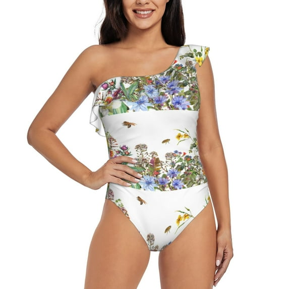 Haiem Herbs and Wildflowers Women's One Piece Swimsuits Tummy Control One Shoulder Bathing Suits Ruffle Swimwear-Small