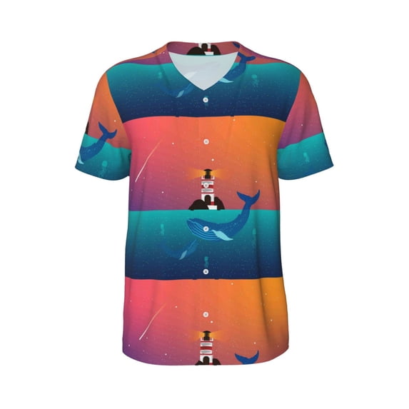 Haiem Hip Hop Hipster Baseball Jersey Button Down Shirts Sports Uniforms Men Women Jersey(Lighthouse and Whale,4X-Large)