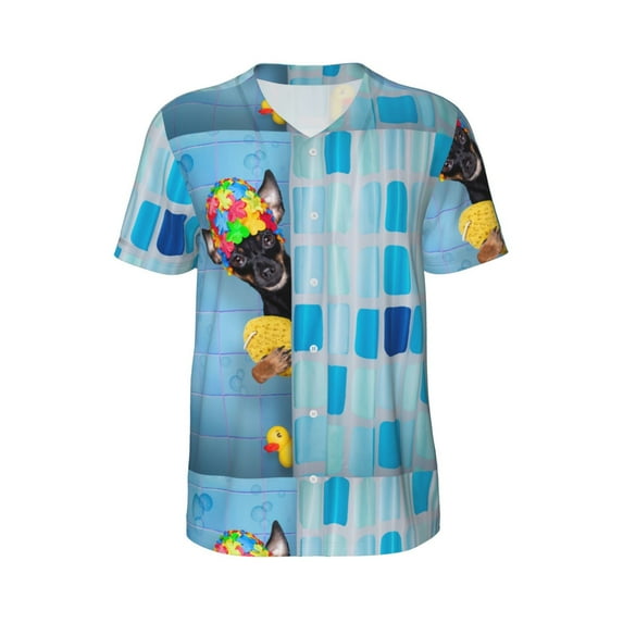 Haiem Hip Hop Hipster Baseball Jersey Button Down Shirts Sports Uniforms Men Women Jersey(Prague Ratter Dog in Bathtub,3X-Large)