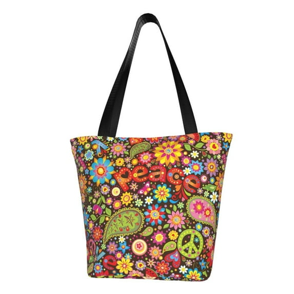 Haiem Hippie Peace Love Pattern Shoulder Bag - Durable and Spacious Tote Bag,Versatile Shopping Bag