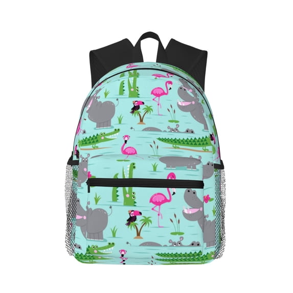Haiem Hippo With Flamingos And Crocodiles Lightweight Backpack for School, Classic Basic Water Resistant Casual Daypack for Travel with Bottle Side Pockets