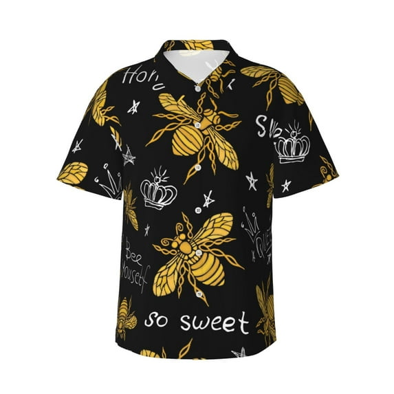 Haiem Hohey Bee Golden Embroidery Printed Hawaiian Shirt for Men - Men’s Casual Beach Summer Shirts - Stretch Fabric with Modern Fit-Large