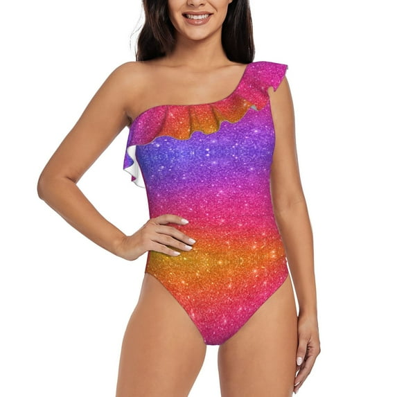 Haiem Holiday Shiny Women's One Piece Swimsuits Tummy Control One Shoulder Bathing Suits Ruffle Swimwear-Large