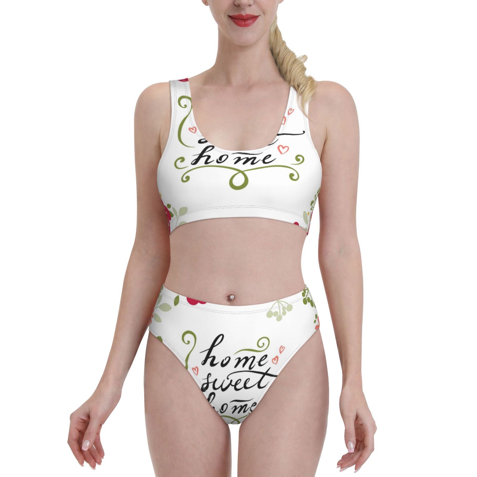 Haiem Home Sweet Home Floral Women S Bikini Set Two Piece High Waisted Bathing Suit With Square Neck And Adjustable Straps High Cut Bottoms In Large Walmart