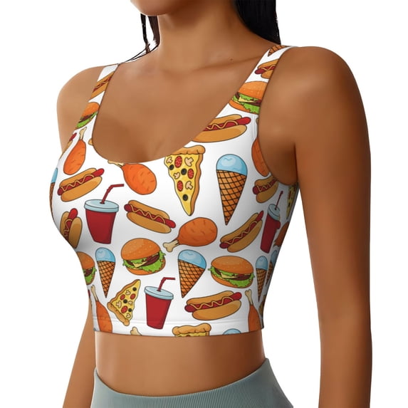 Haiem Hot Dog Burger Pattern Womens Sports Bra - U Neck Padded Low Impact Yoga Bra Workout Crop Top Gym Moisture-Wicking Workout Vest -Small