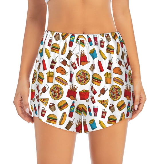 Haiem Hot Dog Pizza Women's 2 in 1 Running Shorts - Lightweight Athletic Workout Gym Yoga Breathable Sports Shorts Liner with Phone Pockets-Small