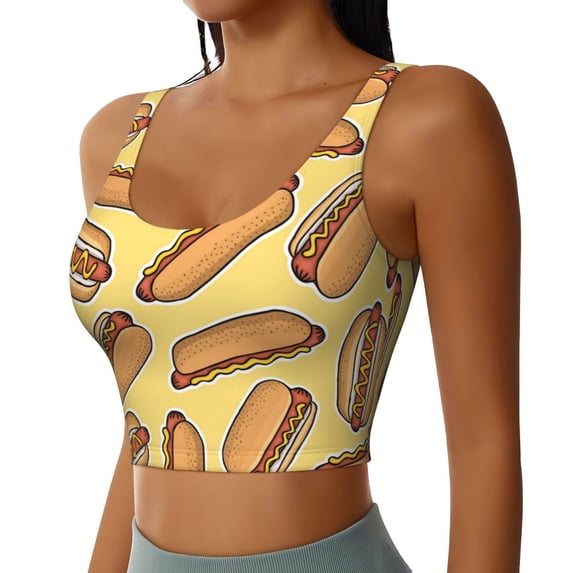 Haiem Hot Dogs Pattern Womens Sports Bra - U Neck Padded Low Impact Yoga Bra Workout Crop Top Gym Moisture-Wicking Workout Vest -