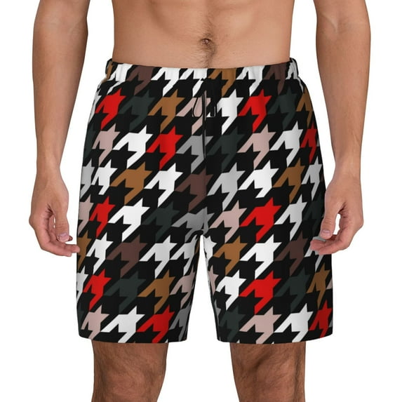 Haiem Houndstooth Green Red Men'S Quick-Dry Swim Trunks: Comfortable Beach Shorts With Mesh Lining And Pockets - Ideal For Swimming And Sunbathing Large