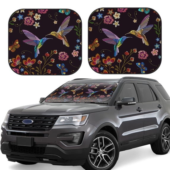 Haiem Humming Bird And Tropical Flowers Embroidery Windshield Sun Shade: Universal Foldable 2-Piece Car Front Window Sunshade - Blocks Uv Rays, And Reduces Heat,Essential Car Accessory Small