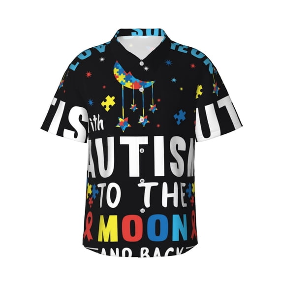 Haiem I Love With Autism To The Moon And Back Printed Hawaiian Shirt for Men - Men’s Casual Beach Summer Shirts - Stretch Fabric with Modern Fit-Large